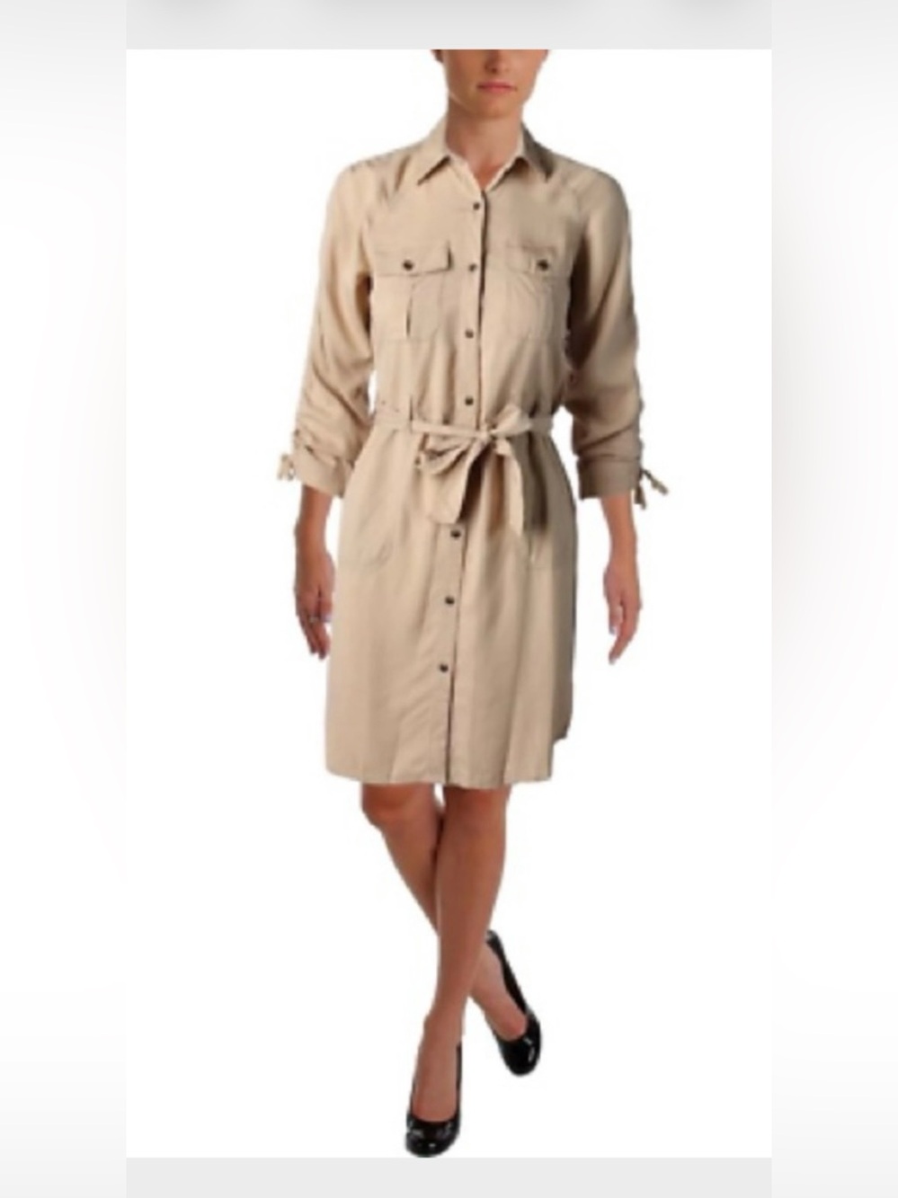 Lauren Ralph Lauren Beige Button-Front Shirt Dress with Tie Waist